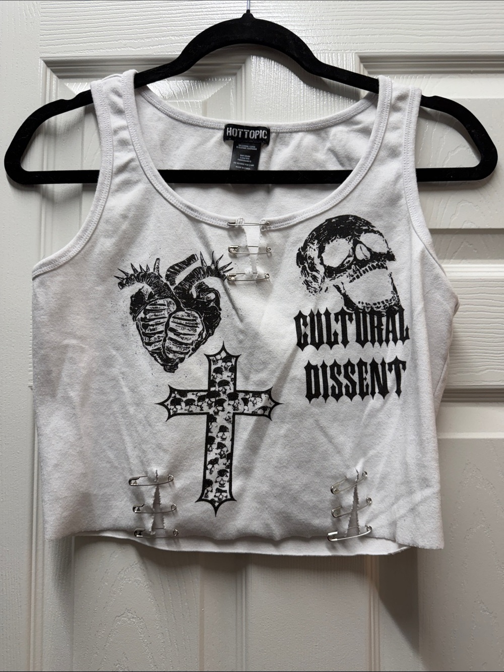 Hot Topic White Graphic Crop Tank Top with Black Gothic Prints